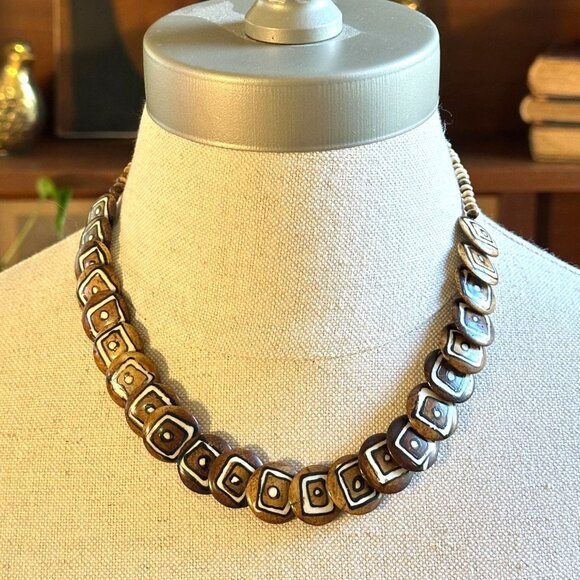 Vintage Brown Ceramic Bead Necklace, 18" Boho - Picture 1 of 6